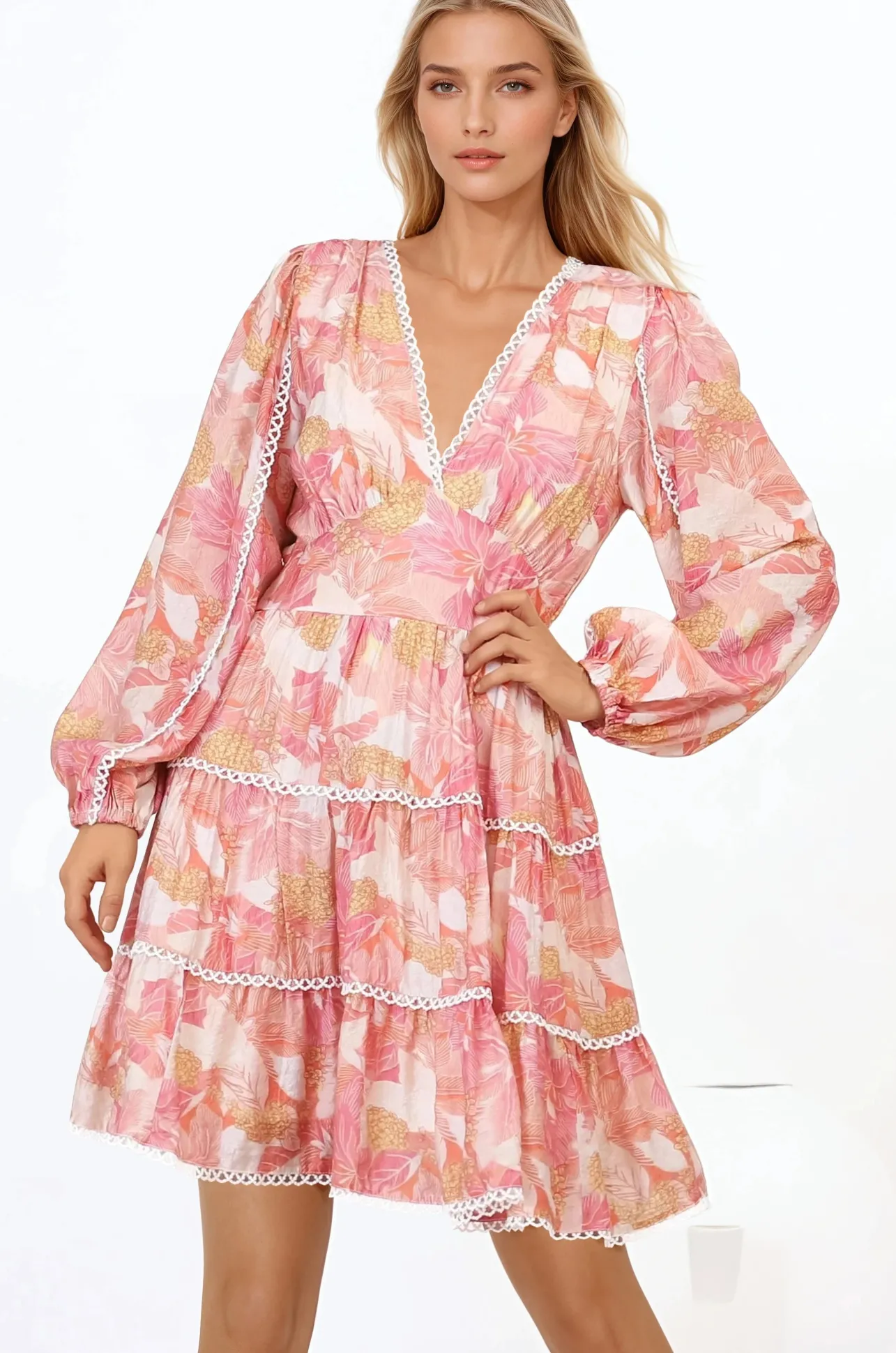 Audrey Mini Dress - Delicately Detailed Tiered A-Line Dress in Lola Print Pink>Salty Crush Hot