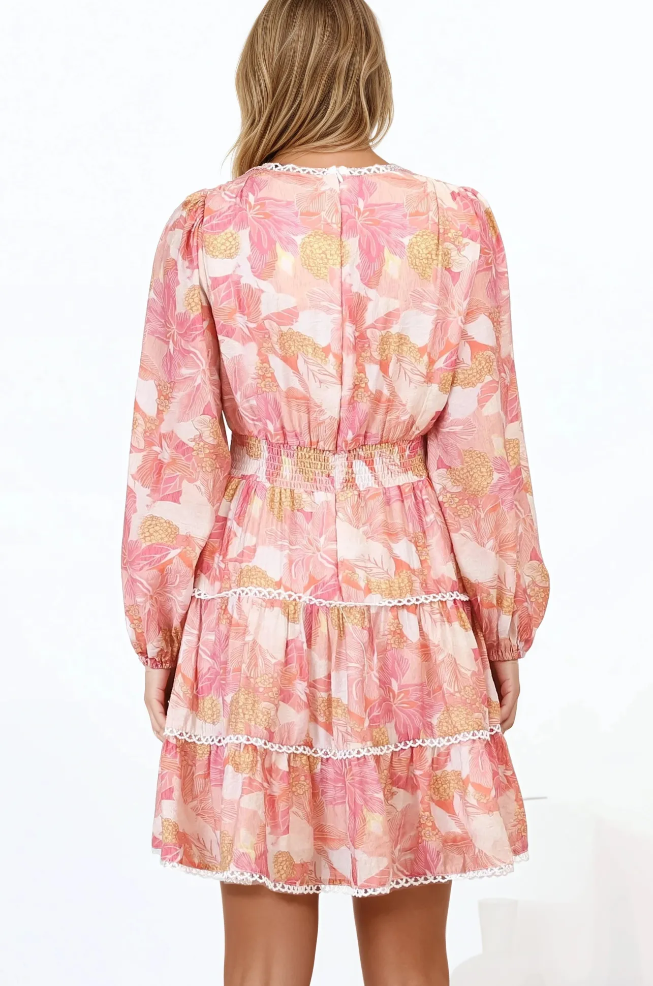 Audrey Mini Dress - Delicately Detailed Tiered A-Line Dress in Lola Print Pink>Salty Crush Hot