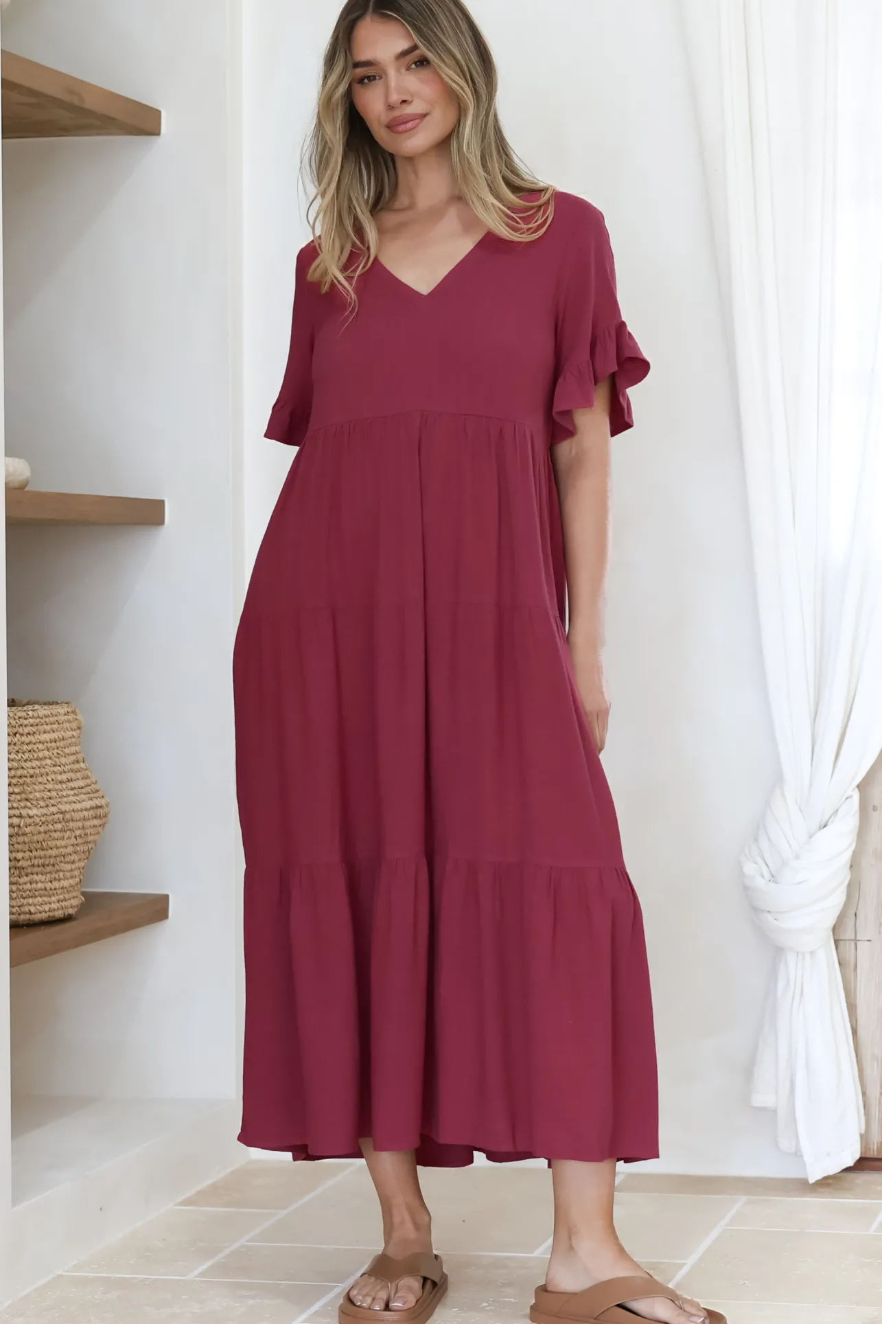 Audrina Midi Dress - V-Neck Tiered Linen Dress with Pockets in Burgundy>Salty Crush Sale