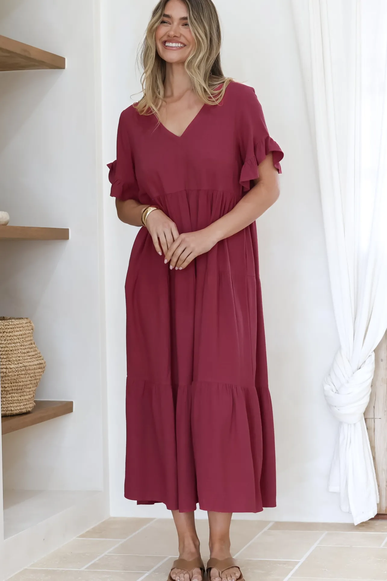 Audrina Midi Dress - V-Neck Tiered Linen Dress with Pockets in Burgundy>Salty Crush Sale