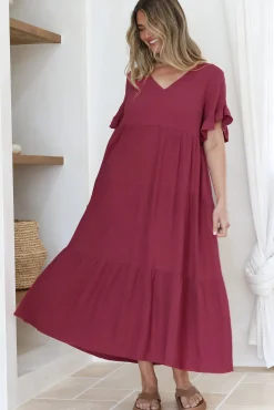 Audrina Midi Dress - V-Neck Tiered Linen Dress with Pockets in Burgundy><noscript><img width=