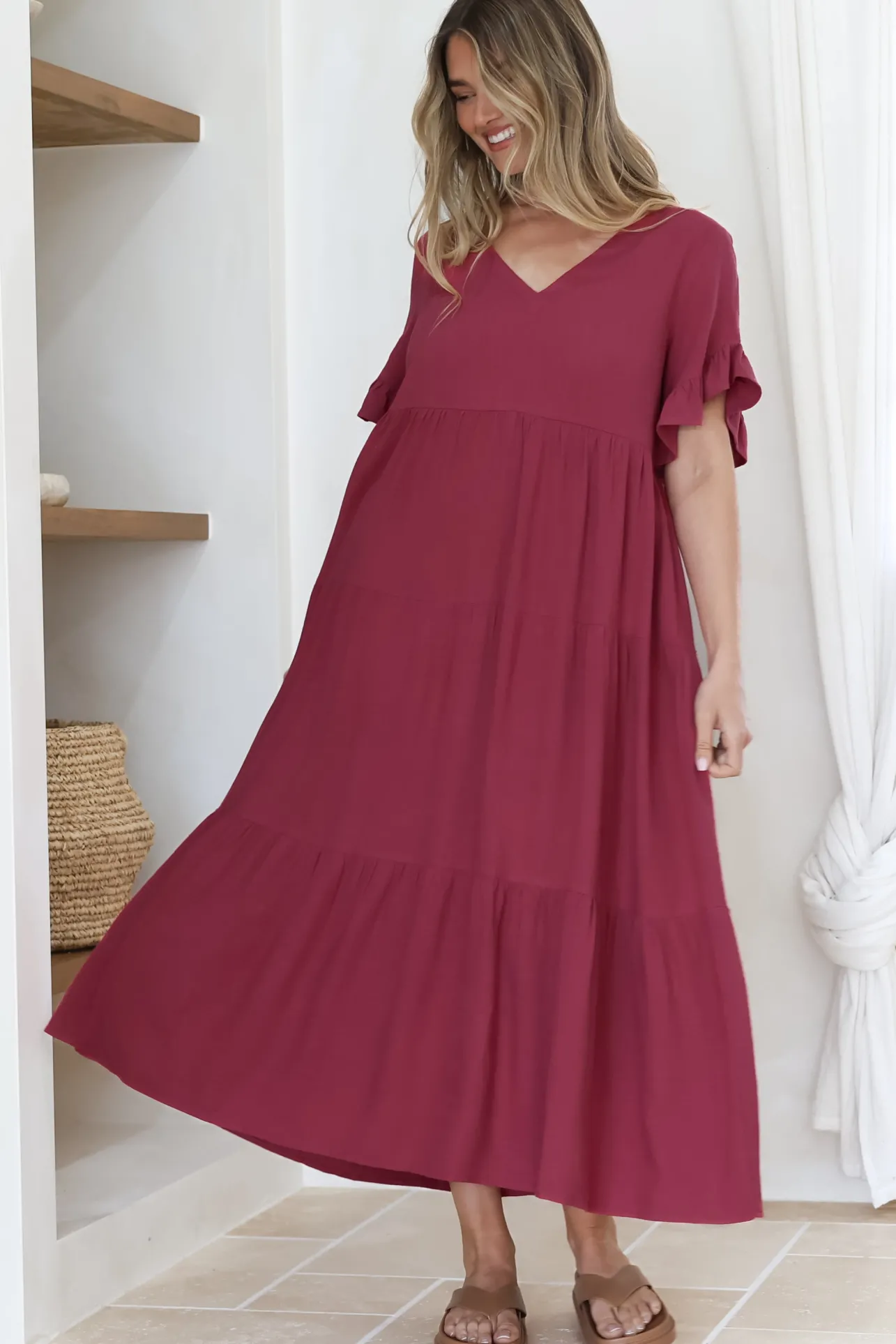 Audrina Midi Dress - V-Neck Tiered Linen Dress with Pockets in Burgundy>Salty Crush Sale