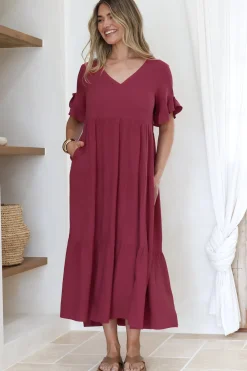 Audrina Midi Dress - V-Neck Tiered Linen Dress with Pockets in Burgundy><noscript><img width=