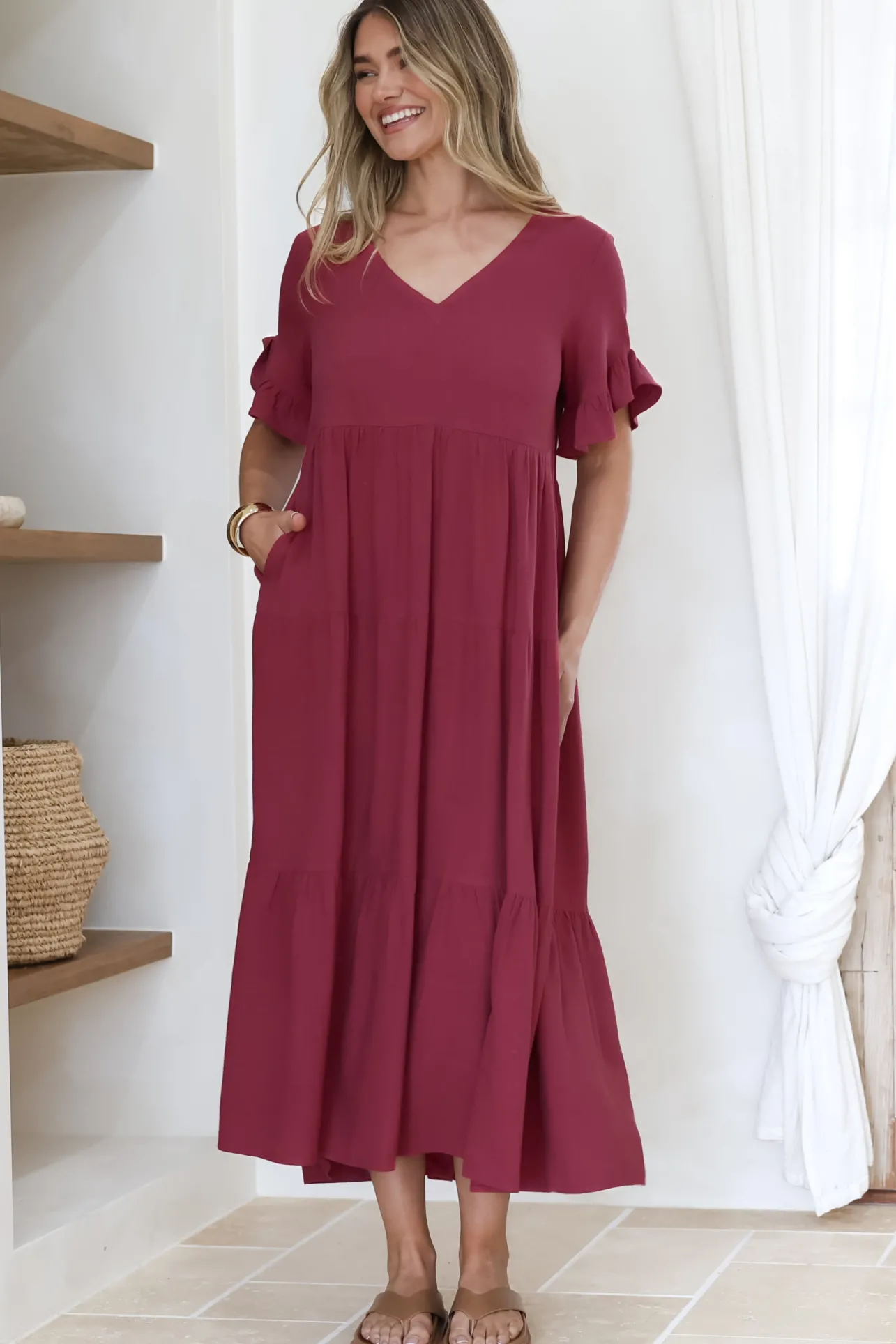 Audrina Midi Dress - V-Neck Tiered Linen Dress with Pockets in Burgundy>Salty Crush Sale