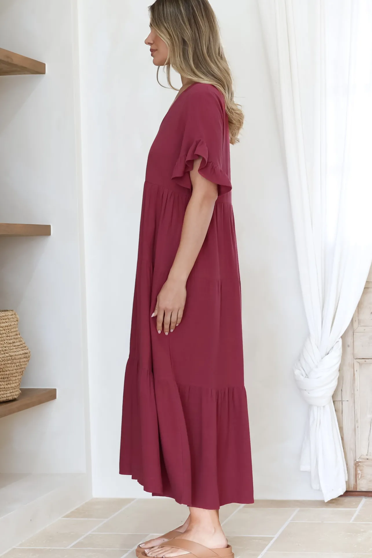 Audrina Midi Dress - V-Neck Tiered Linen Dress with Pockets in Burgundy>Salty Crush Sale