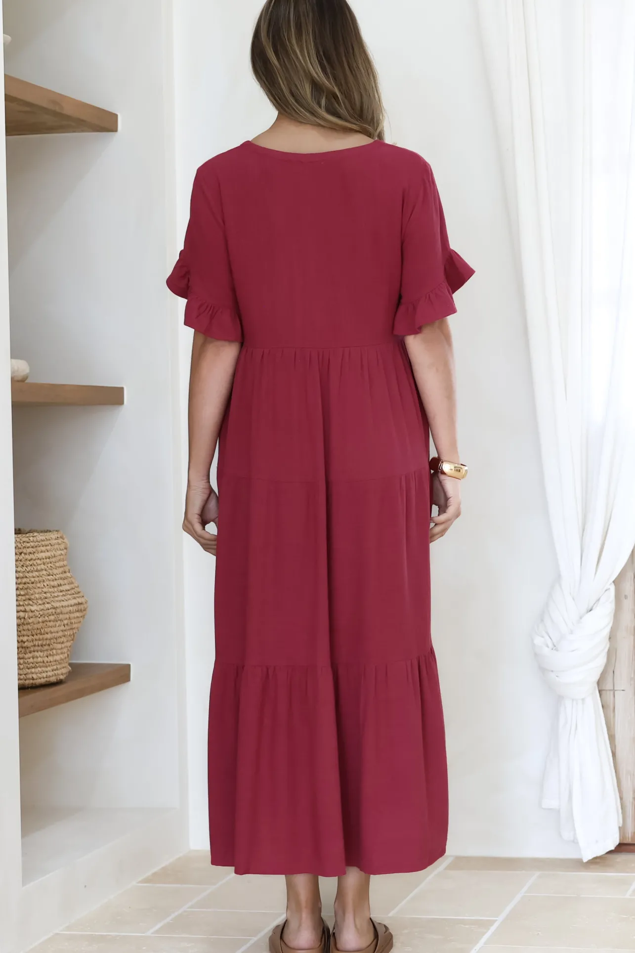Audrina Midi Dress - V-Neck Tiered Linen Dress with Pockets in Burgundy>Salty Crush Sale