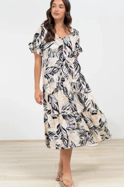 Audrina Midi Dress - V-Neck Tiered Linen Dress with Pockets in Chicago Print>Salty Crush Online