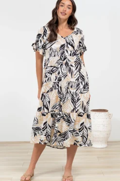 Audrina Midi Dress - V-Neck Tiered Linen Dress with Pockets in Chicago Print><noscript><img width=