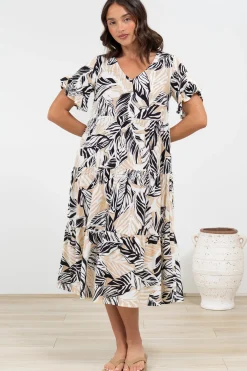 Audrina Midi Dress - V-Neck Tiered Linen Dress with Pockets in Chicago Print><noscript><img width=