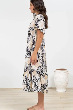 Audrina Midi Dress - V-Neck Tiered Linen Dress with Pockets in Chicago Print><noscript><img width=