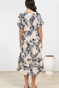 Audrina Midi Dress - V-Neck Tiered Linen Dress with Pockets in Chicago Print><noscript><img width=