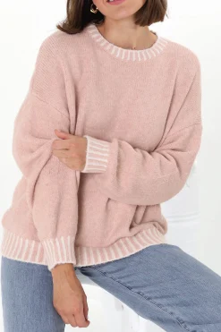 Aura Jumper - Crew Neck Jumper with Contrast Stripe Trim in Pink>Salty Crush