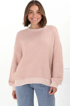 Aura Jumper - Crew Neck Jumper with Contrast Stripe Trim in Pink><noscript><img width=