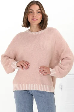 Aura Jumper - Crew Neck Jumper with Contrast Stripe Trim in Pink><noscript><img width=