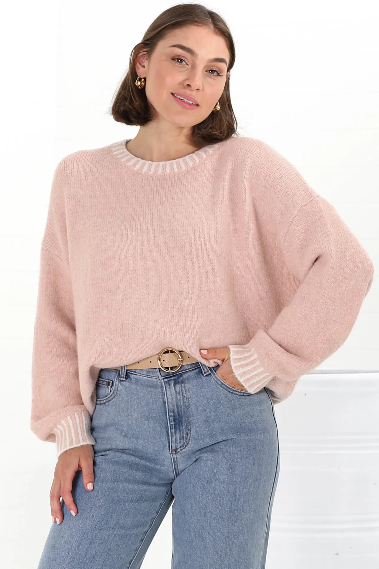 Aura Jumper - Crew Neck Jumper with Contrast Stripe Trim in Pink>Salty Crush