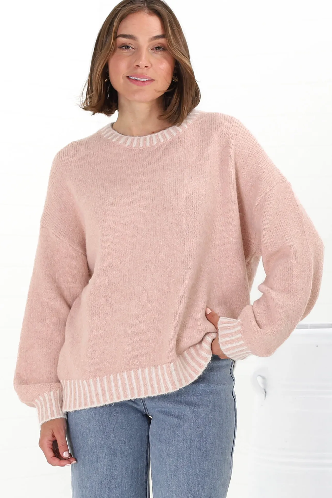 Aura Jumper - Crew Neck Jumper with Contrast Stripe Trim in Pink>Salty Crush
