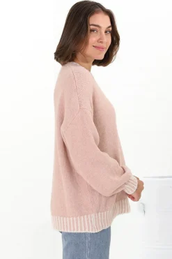 Aura Jumper - Crew Neck Jumper with Contrast Stripe Trim in Pink><noscript><img width=