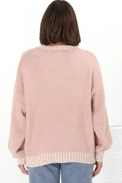 Aura Jumper - Crew Neck Jumper with Contrast Stripe Trim in Pink><noscript><img width=