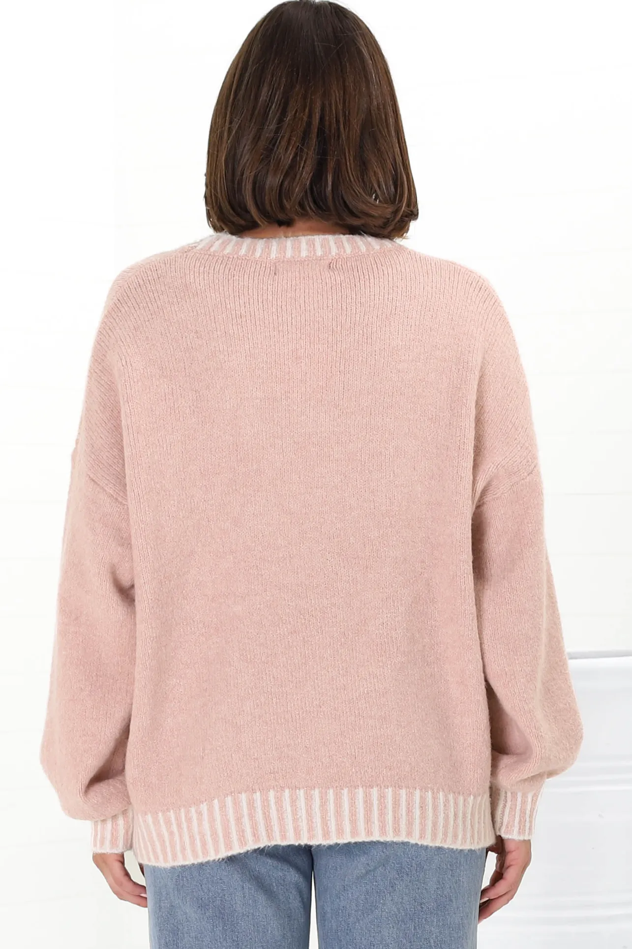 Aura Jumper - Crew Neck Jumper with Contrast Stripe Trim in Pink>Salty Crush
