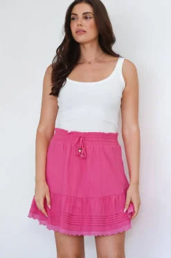 Ava Mini Skirt - High Waisted Pleat Detailed Lace Trim Skirt in Hot Pink><noscript><img width=