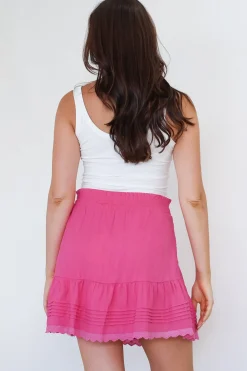 Ava Mini Skirt - High Waisted Pleat Detailed Lace Trim Skirt in Hot Pink><noscript><img width=