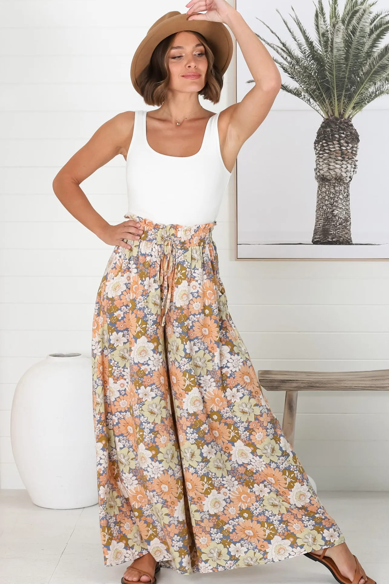 Avianna Pants - Paper Bag High Waisted Wide Leg Pants in Floral Print>Salty Crush Best