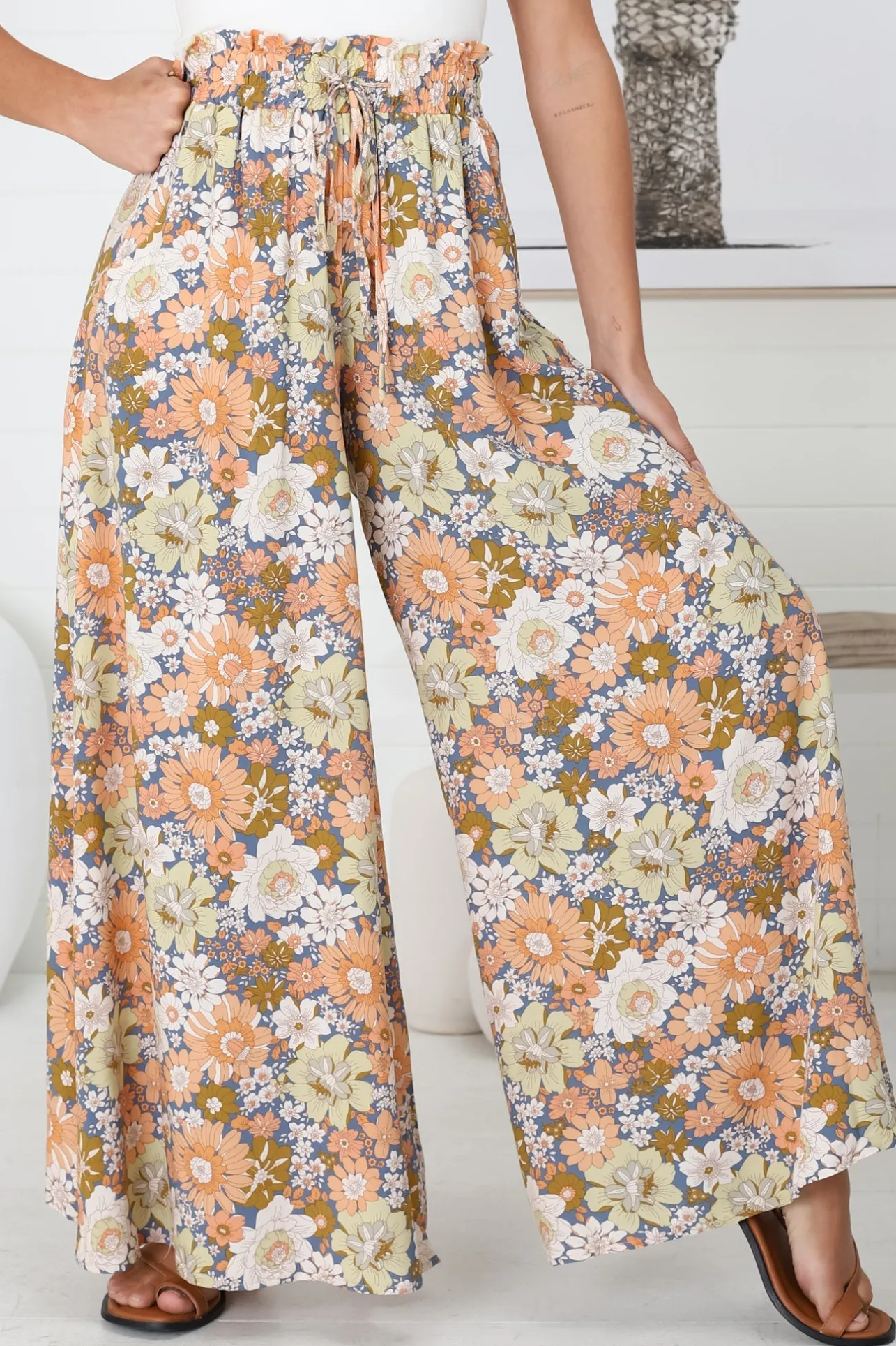 Avianna Pants - Paper Bag High Waisted Wide Leg Pants in Floral Print>Salty Crush Best