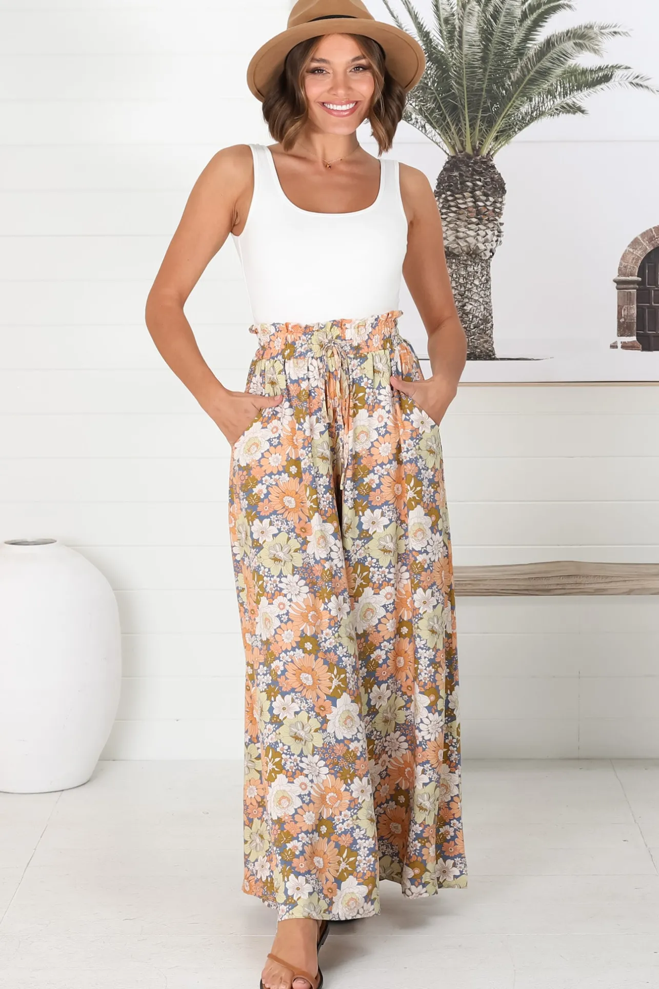 Avianna Pants - Paper Bag High Waisted Wide Leg Pants in Floral Print>Salty Crush Best