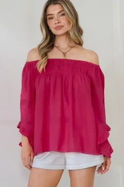 Aviva Top - Off Shoulder Handkerchief Sleeve Pull Over in Hot Pink>Salty Crush New