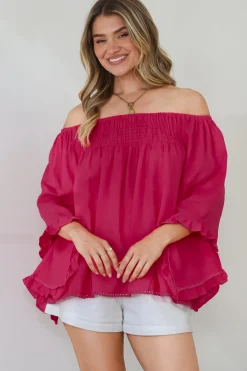 Aviva Top - Off Shoulder Handkerchief Sleeve Pull Over in Hot Pink><noscript><img width=