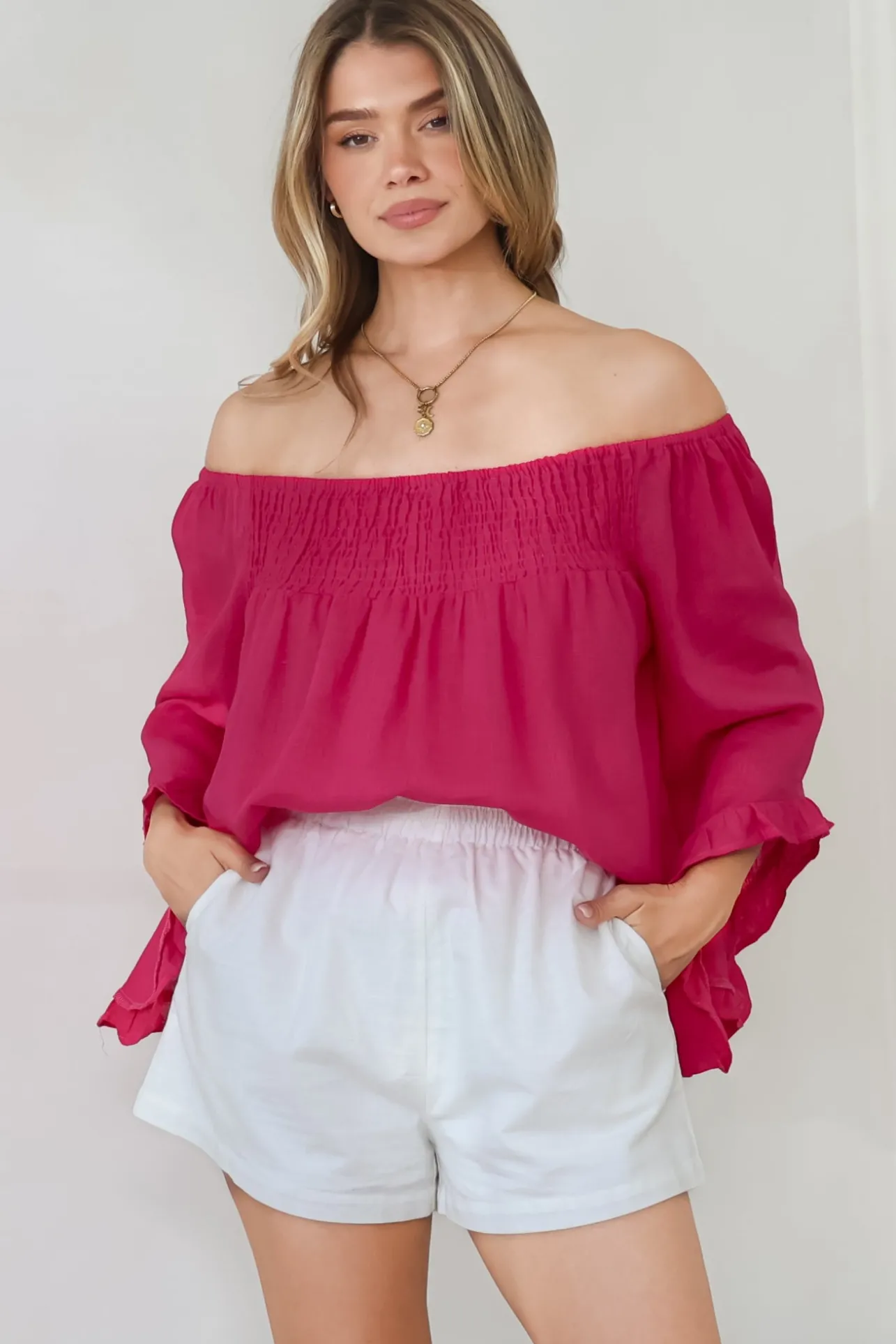 Aviva Top - Off Shoulder Handkerchief Sleeve Pull Over in Hot Pink>Salty Crush New