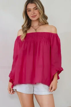 Aviva Top - Off Shoulder Handkerchief Sleeve Pull Over in Hot Pink><noscript><img width=