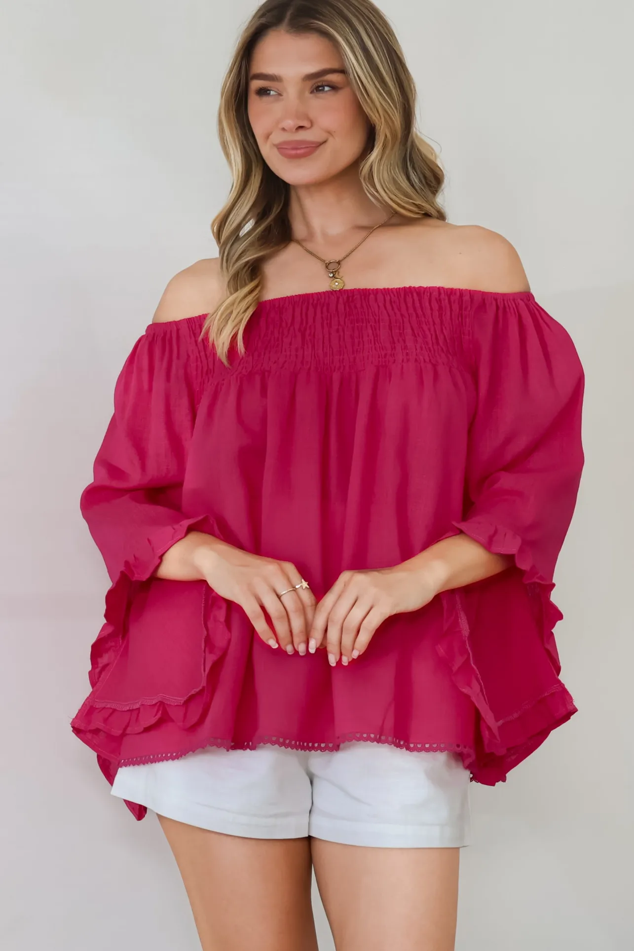 Aviva Top - Off Shoulder Handkerchief Sleeve Pull Over in Hot Pink>Salty Crush New