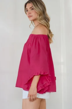 Aviva Top - Off Shoulder Handkerchief Sleeve Pull Over in Hot Pink><noscript><img width=