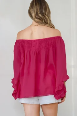 Aviva Top - Off Shoulder Handkerchief Sleeve Pull Over in Hot Pink><noscript><img width=