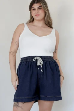 Aydar Denim Shorts - High Waisted Scoop Hemline Shorts in Dark Denim><noscript><img width=