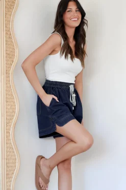 Aydar Denim Shorts - High Waisted Scoop Hemline Shorts in Dark Denim><noscript><img width=