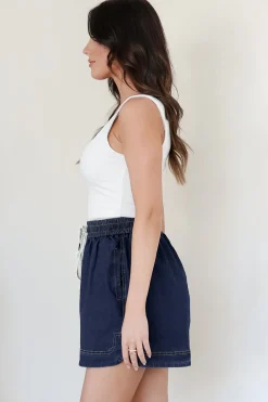 Aydar Denim Shorts - High Waisted Scoop Hemline Shorts in Dark Denim><noscript><img width=