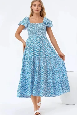 Aylia Midi Dress - Milkmaid Neckline Elasticated Bodice Frill Cap Sleeve Dress in Dory Print>Salty Crush