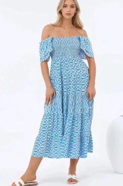 Aylia Midi Dress - Milkmaid Neckline Elasticated Bodice Frill Cap Sleeve Dress in Dory Print>Salty Crush