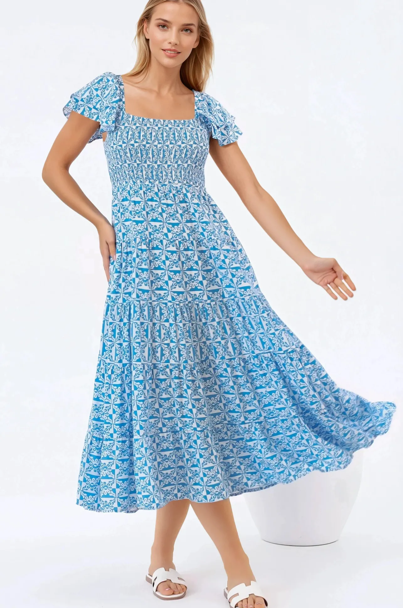 Aylia Midi Dress - Milkmaid Neckline Elasticated Bodice Frill Cap Sleeve Dress in Dory Print>Salty Crush
