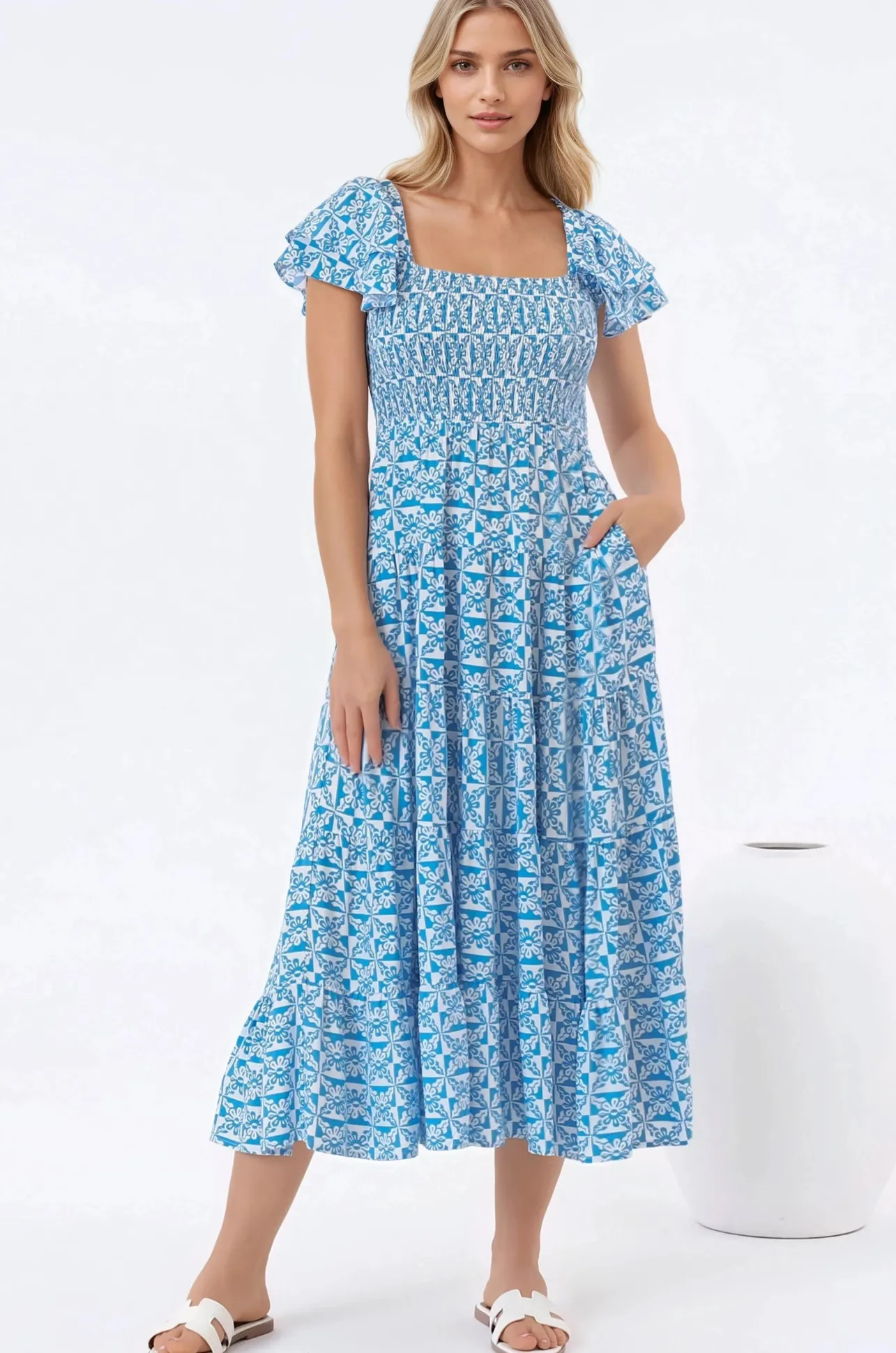Aylia Midi Dress - Milkmaid Neckline Elasticated Bodice Frill Cap Sleeve Dress in Dory Print>Salty Crush
