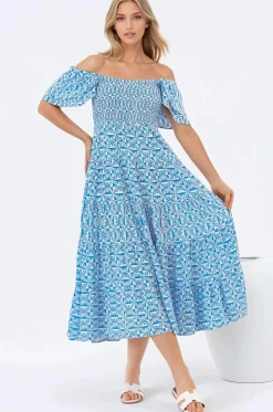 Aylia Midi Dress - Milkmaid Neckline Elasticated Bodice Frill Cap Sleeve Dress in Dory Print><noscript><img width=