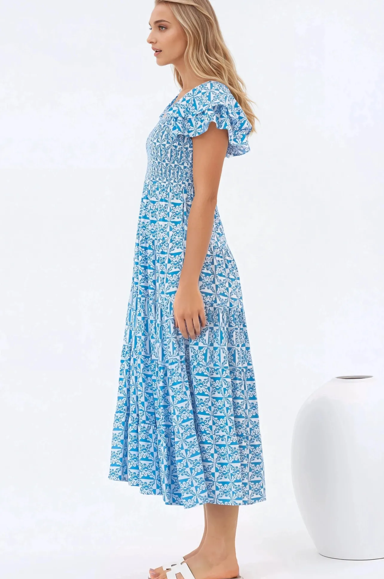 Aylia Midi Dress - Milkmaid Neckline Elasticated Bodice Frill Cap Sleeve Dress in Dory Print>Salty Crush