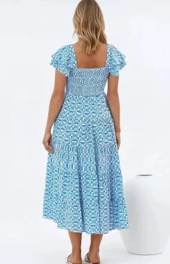 Aylia Midi Dress - Milkmaid Neckline Elasticated Bodice Frill Cap Sleeve Dress in Dory Print><noscript><img width=