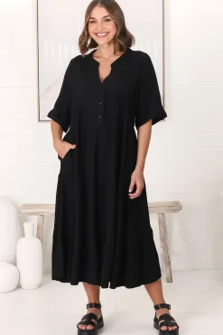 Ayva Midi Dress - 3/4 Sleeve Tiered Smock Dress in Black>Salty Crush Clearance