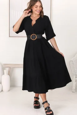 Ayva Midi Dress - 3/4 Sleeve Tiered Smock Dress in Black>Salty Crush Clearance