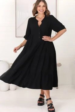 Ayva Midi Dress - 3/4 Sleeve Tiered Smock Dress in Black><noscript><img width=