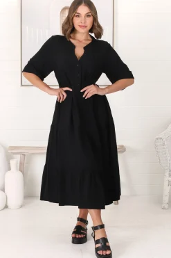 Ayva Midi Dress - 3/4 Sleeve Tiered Smock Dress in Black><noscript><img width=