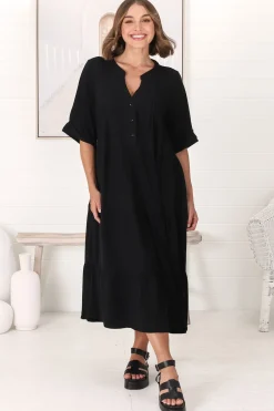 Ayva Midi Dress - 3/4 Sleeve Tiered Smock Dress in Black><noscript><img width=